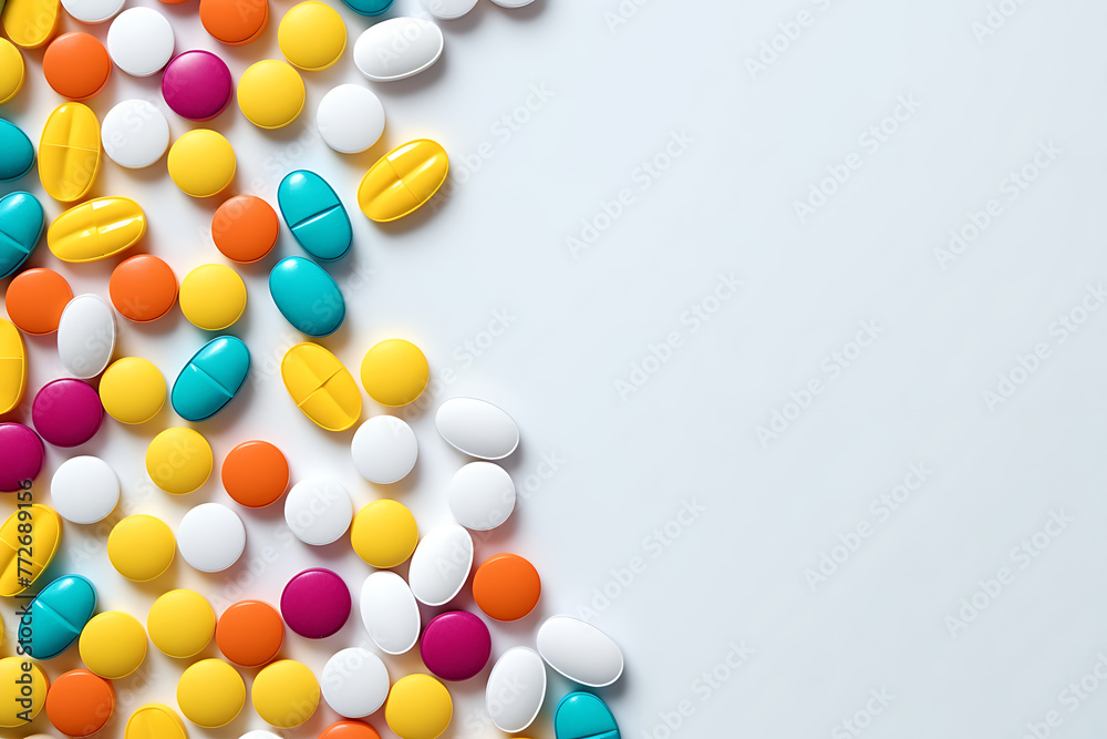Assorted pharmaceutical pills and capsules on a background with copy space. Generative AI Assorted pharmaceutical pills and capsules on a background with copy space. Generative AI