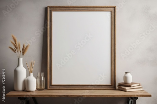 A blank photo frame on a painted wall for mockup design