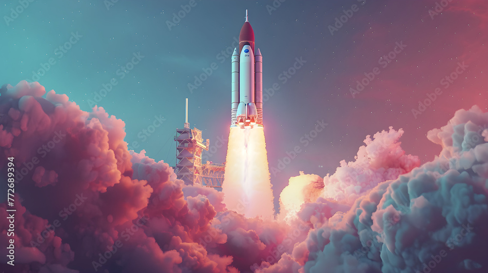 3d rendering rocket space launching illustration for international day for human space flight concept - obrazy, fototapety, plakaty 