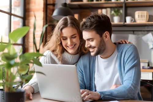 caucasian young couple is playing on a laptop