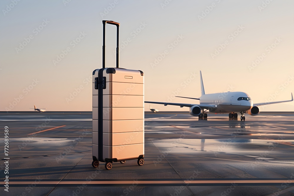 Una maleta de acero en la pista de aterrizaje al fondo un avion color blanco. Viajes, imagen con espacio para copiar - obrazy, fototapety, plakaty 