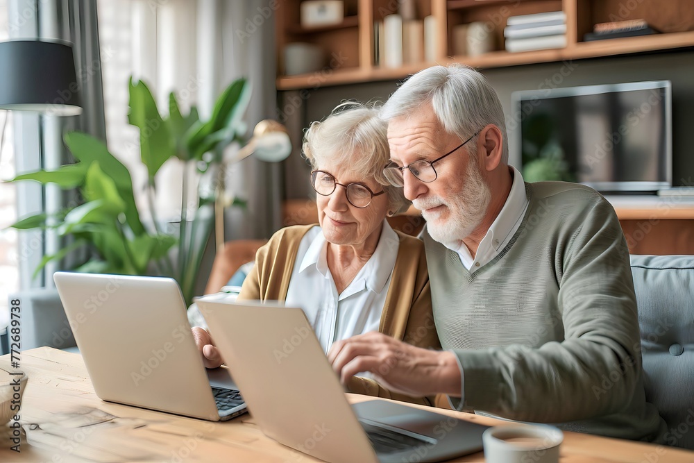 an caucasian old married couple is playing on a laptop an caucasian old married couple is playing on a laptop