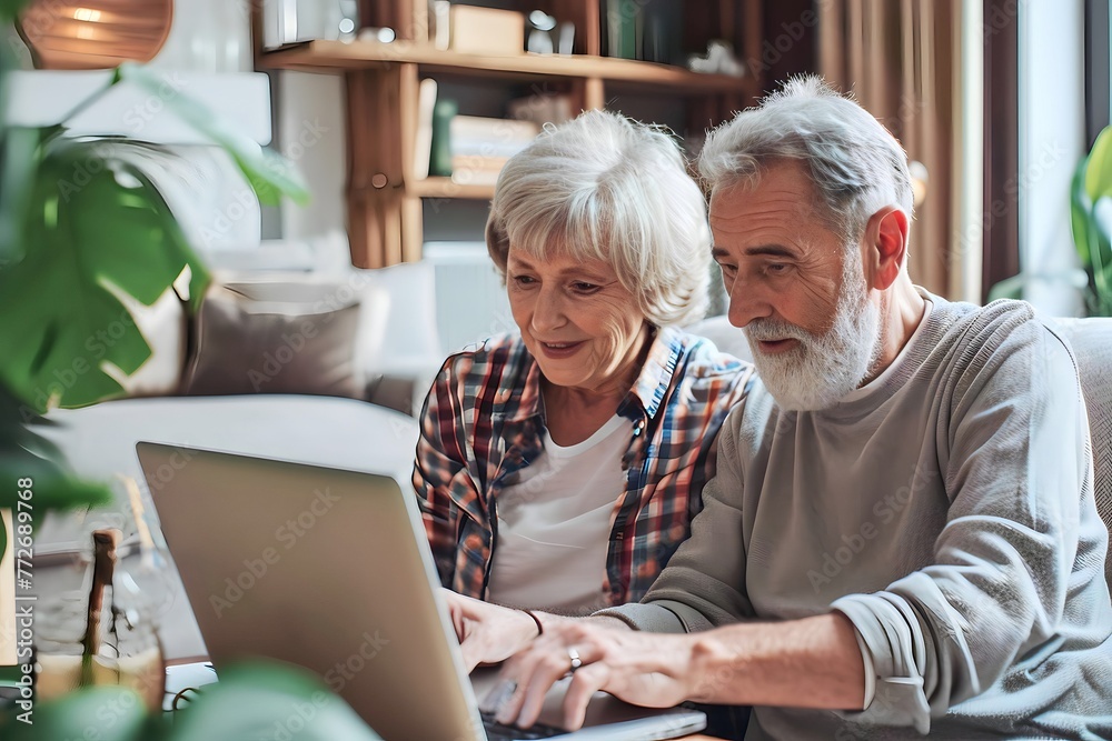 an caucasian old married couple is playing on a laptop