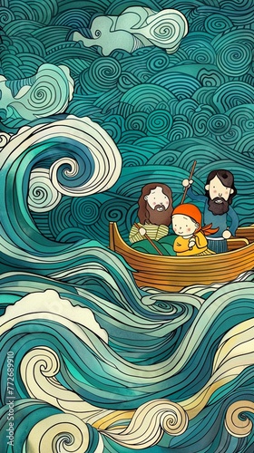 A cozy hand-drawn scene of Jesus calming the storm