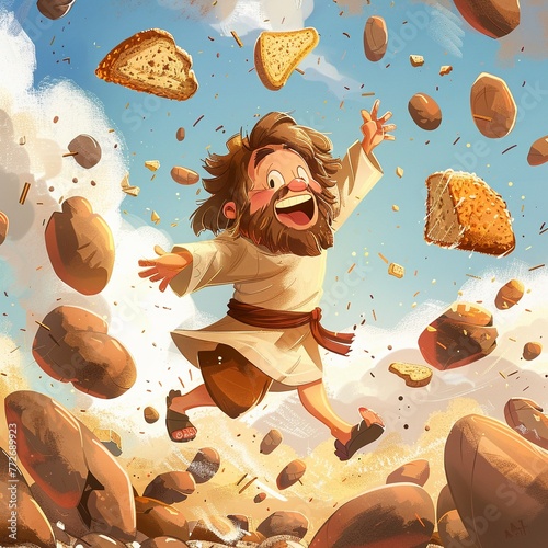 A playful whimsical depiction of the temptation of Jesus