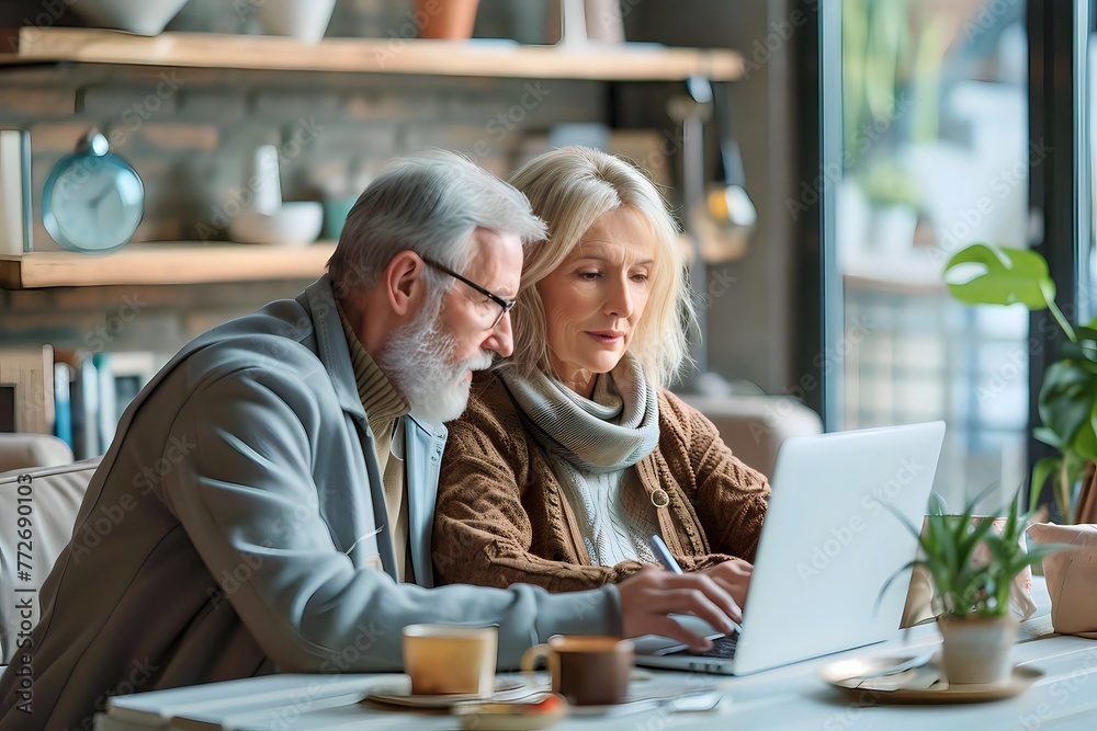 an caucasian old married couple is playing on a laptop an caucasian old married couple is playing on a laptop