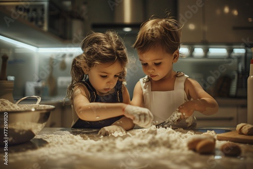 Children siblings playing in the kitchen, baby girl and baby boy with a messy pile of flour, joyfully smiling together. Montessori-inspired play method to increase motoric development photo