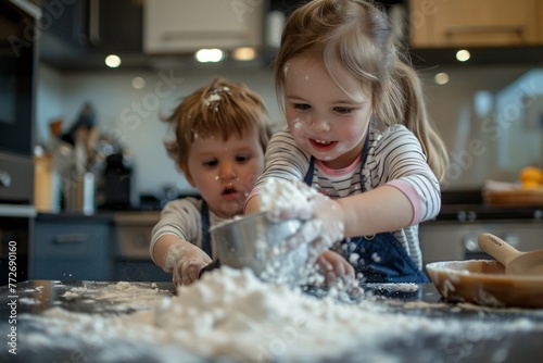 Children siblings playing in the kitchen, baby girl and baby boy with a messy pile of flour, joyfully smiling together. Montessori-inspired play method photo
