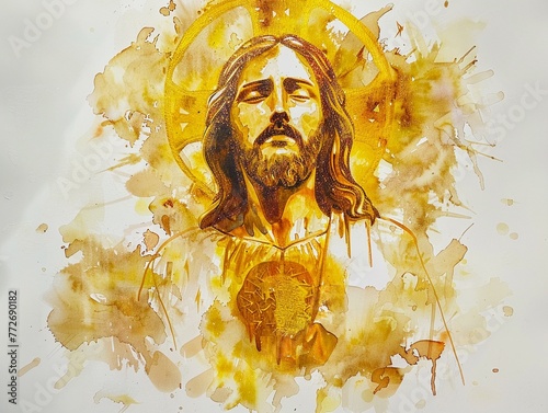 Jesus sacred heart in vibrant gold watercolor on white