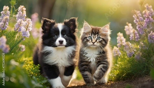 cute fluffy black and white kitten and puppy walk through a spring garden
