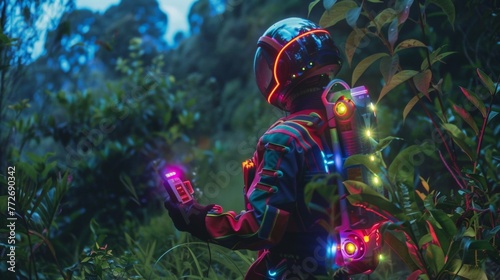 A figure dressed in a full neon suit and helmet stands with back to the camera holding a glowing device in one hand. The person . .