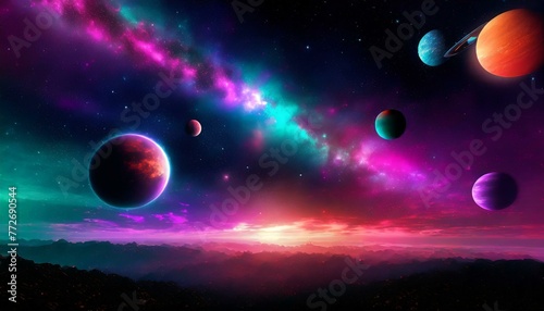 Epic dark solar system with all our planets and nebulaes over the sky