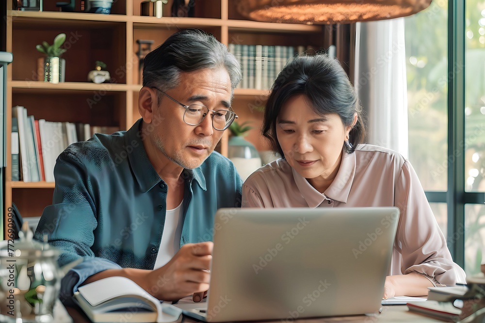 an asian old married couple is playing on a laptop an asian old married couple is playing on a laptop
