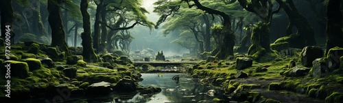 Panoramic image of a green forest with a river flowing through it