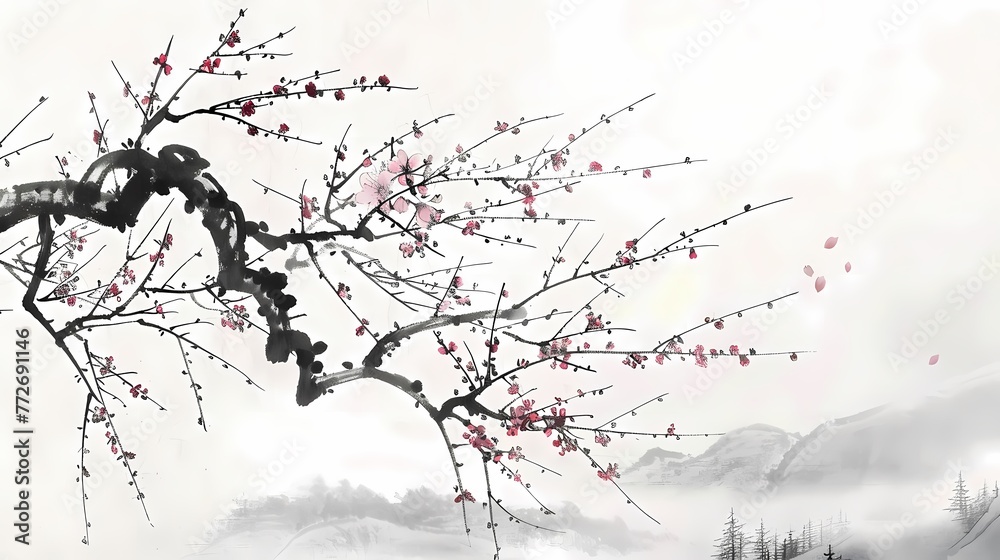 Digital snow scene ink plum blossom abstract illustration poster web page PPT background