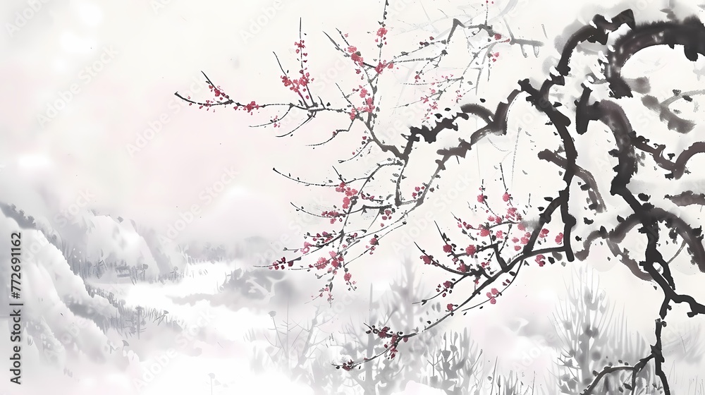 Digital snow scene ink plum blossom abstract illustration poster web page PPT background