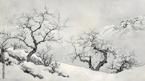 Digital snow scene ink plum blossom abstract illustration poster web page PPT background © jinzhen