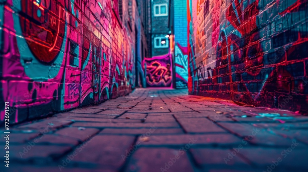Fototapeta premium Amidst the gritty alleyways and brick buildings the graffiti street art takes on a new life with neon accents and glowing outlines. . .