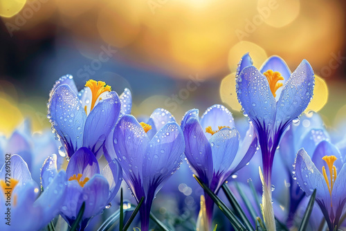 flowers of blue crocuses on blur background .generated Ai