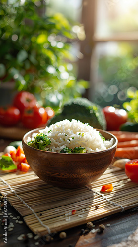 Steamed white rice in a wooden bowl. White rice cooked with healthy vegetables on a bamboo mat under natural sunlight. © Vagner Castro