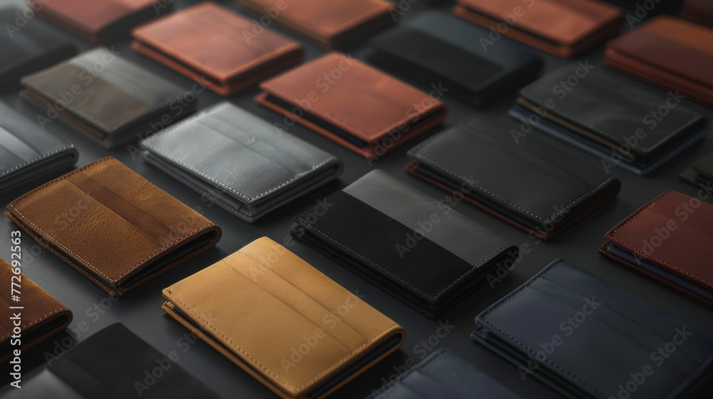 A collection of various leather wallets lying flat on a dark surface featuring a blank label for branding purposes A collection of various leather wallets lying flat on a dark surface featuring a blank label for branding purposes