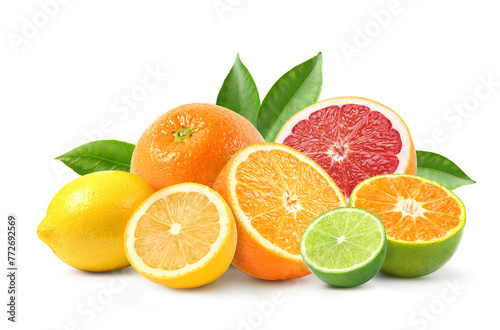 Variety of citrus fruit(green lime, lemon, orange, grpaefruit, tangerine) isolated on white background.