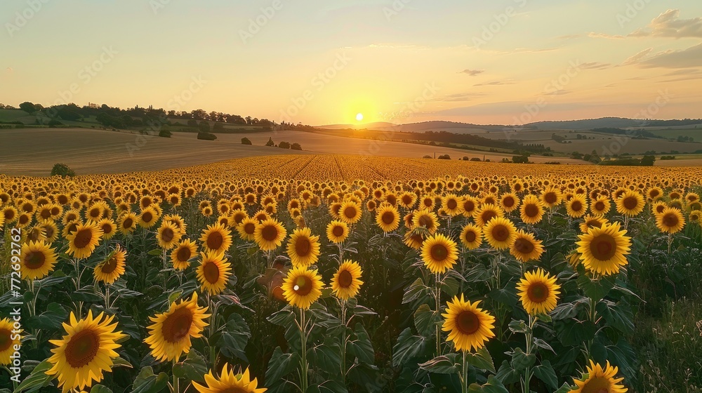 Sunset over a vibrant sunflower field with rolling hills in the background.