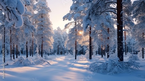 Beautiful winter landscape with snow covered trees in the forest at sunset