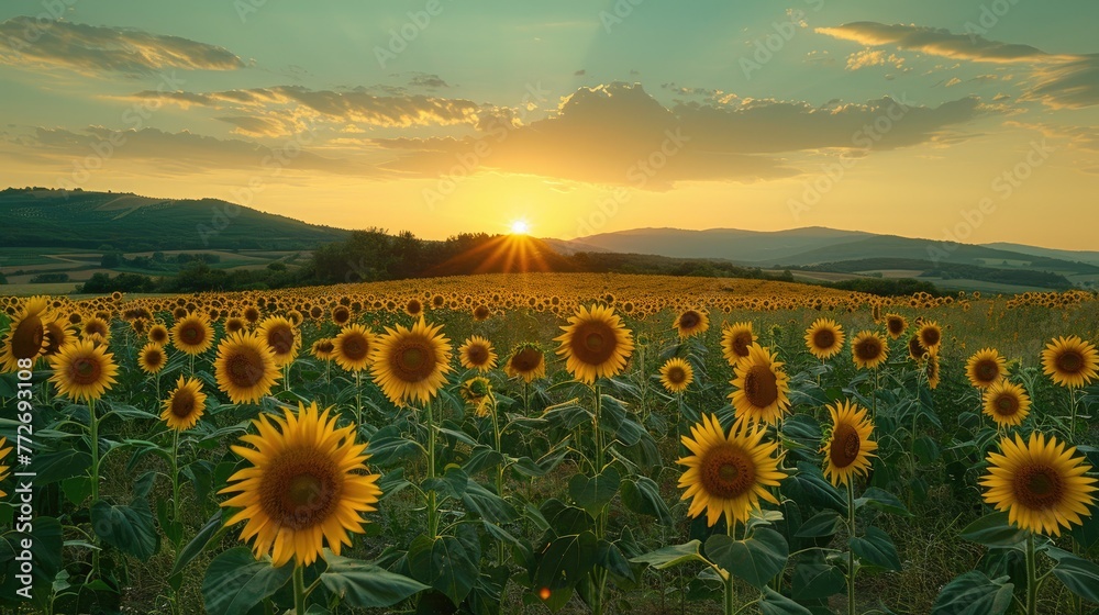 Fototapeta premium Sunset over a field of sunflowers with rolling hills in the background, warm golden light bathing the landscape.