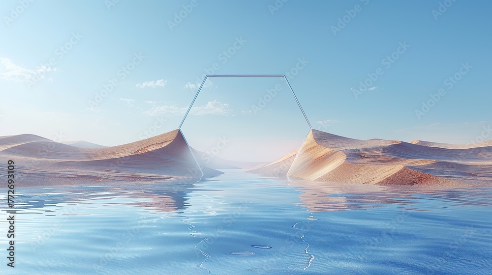 Digital Clean background, calm sand dunes, a regular hexagon frame standing inside the sand dunes, minimalist beautiful AI background
