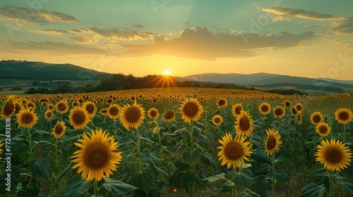 Sunset over a field of sunflowers with rolling hills in the background, warm golden light bathing the landscape.