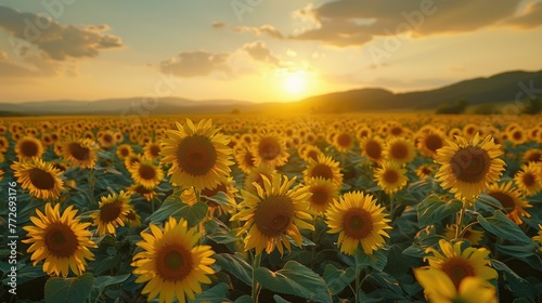 Sunset over a vibrant sunflower field with mountains in the background.