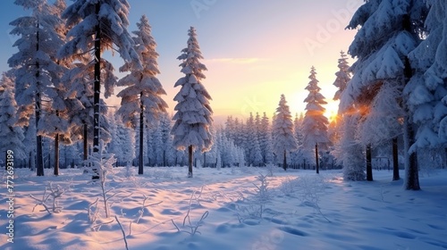 Beautiful winter landscape with snow covered trees in the forest at sunset photo