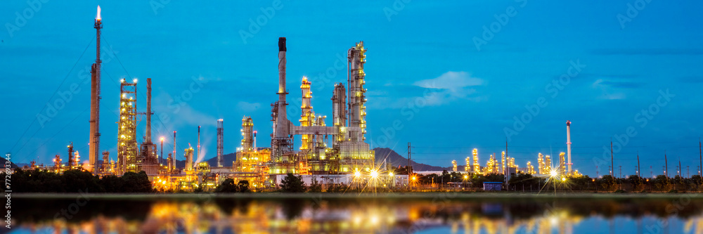 Banner Oil refinery gas petrol plant industry with crude tank, gasoline supply and chemical factory. Petroleum barrel fuel heavy industry oil refinery manufacturing factory plant. Refinery industry
