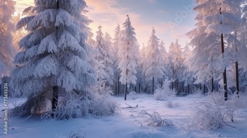 Beautiful winter landscape with snow covered trees in the forest at sunset © 99