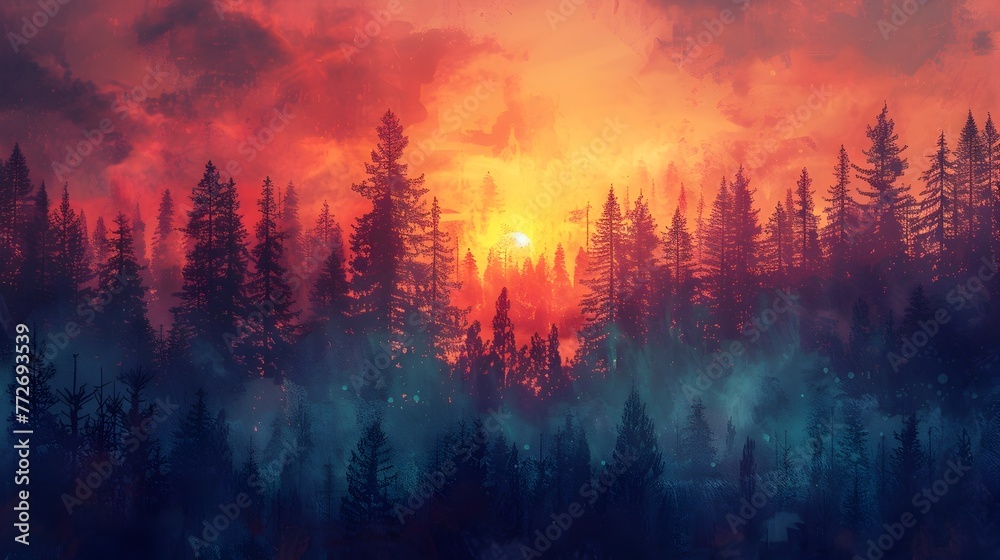 Captivating Sunset Glow over Enchanted Forest Landscape - obrazy, fototapety, plakaty 