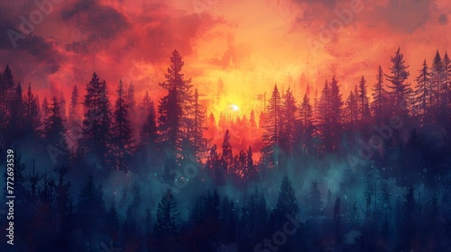 Captivating Sunset Glow over Enchanted Forest Landscape photo
