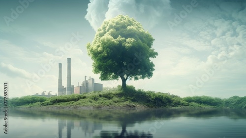 Conceptual environmental image with green industrial plant and river. 3d render