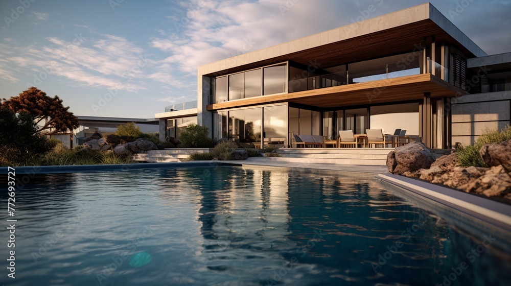 Modern house with swimming pool and reflection in water. Toned.