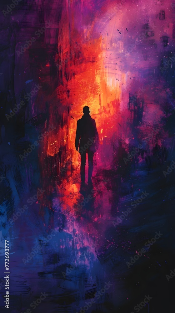 Fototapeta premium Dramatic Silhouetted Figure in Elusive Watercolor Dreamscape with Details and Bold Contrasting Colors