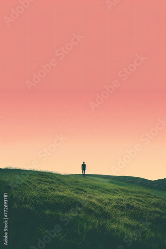 Poster of a field with a gradient pink color sky and a silhouette human figure