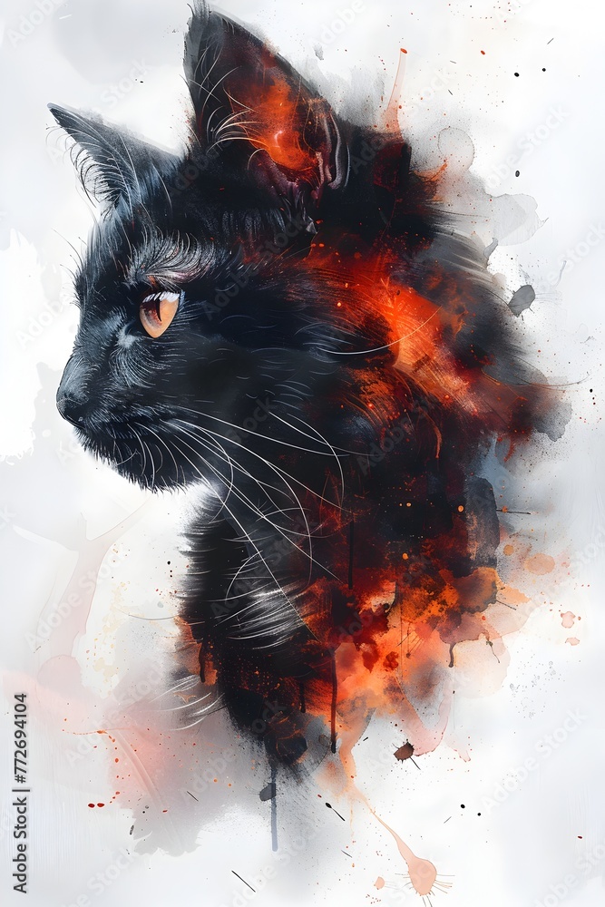 Feline Futurism:A Captivating Cat's Nocturnal in Fiery Watercolor