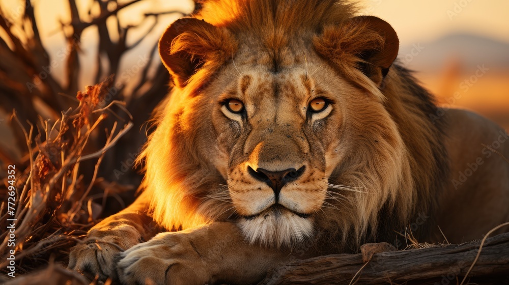 A male lion is sitting on the rock