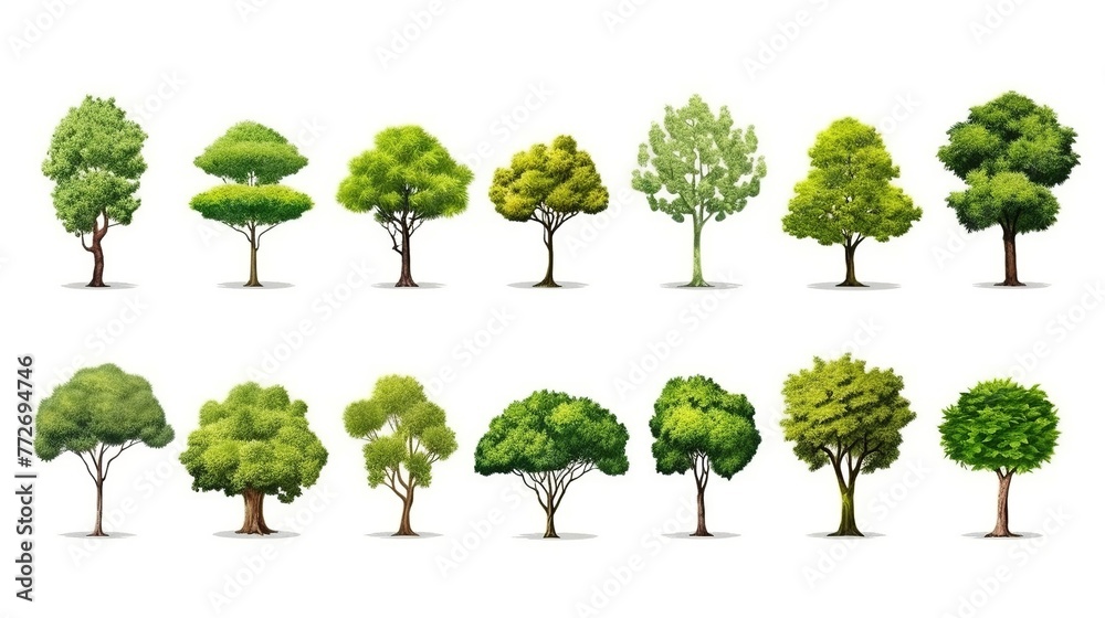 Collection of green trees isolated on white background - obrazy, fototapety, plakaty 