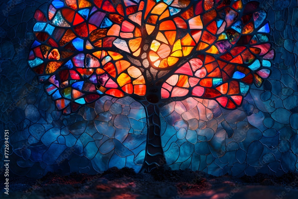custom made wallpaper toronto digitalResilient Tree of Rebellion Depicted in Vibrant Stained Glass Art Style with Monochromatic Palette and Cinematic Photographic