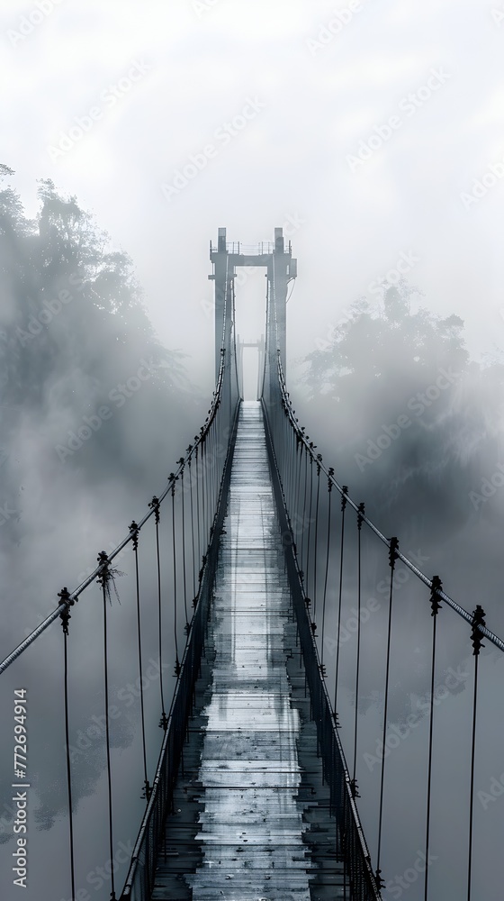 Fototapeta premium Suspended Walkway Through Misty Wilderness Symbolizing Digital Infrastructure Development