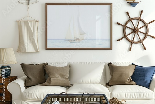 A sailboat picture frame above white couch in interior design