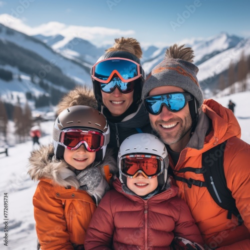 Snowy Mountain Bliss: Join the Happy Family Ski Holiday Adventure, Filled with Winter Sport Fun and Joyful Moments Amidst the Pristine Snowy Landscape