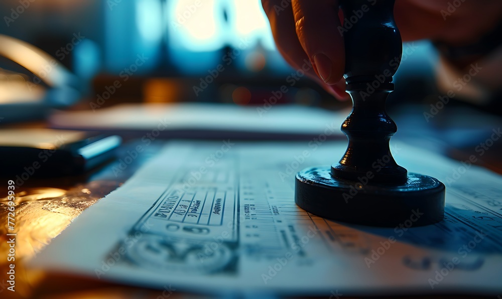 Fototapeta premium Insight into Global Market Entry, International Trade License Process Illustrated Through Stamping