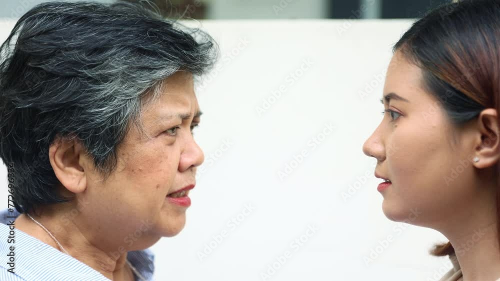 Two women arguing : Elderly woman and younger woman stand arguing with each other angry and loud upset and dissatisfied looking at each other to vent their negative emotions severe. Two women arguing : Elderly woman and younger woman stand arguing with each other angry and loud upset and dissatisfied looking at each other to vent their negative emotions severe.